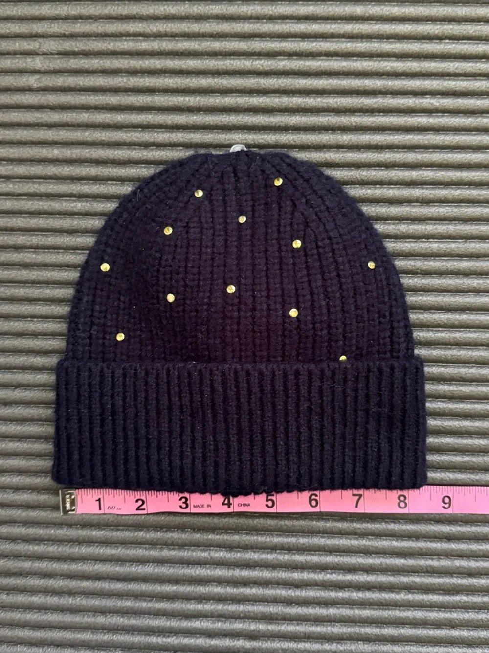 LOFT Navy Blue Studded Ribbed Knit Beanie NWT Gold Embellished Cuff Hat
